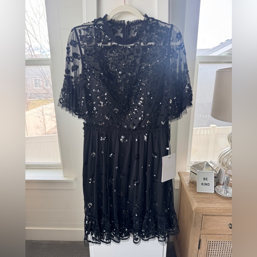 Mac Duggal Black Sequin Illusion High Neck Cocktail Dress Size 8 - Picture 9 of 9